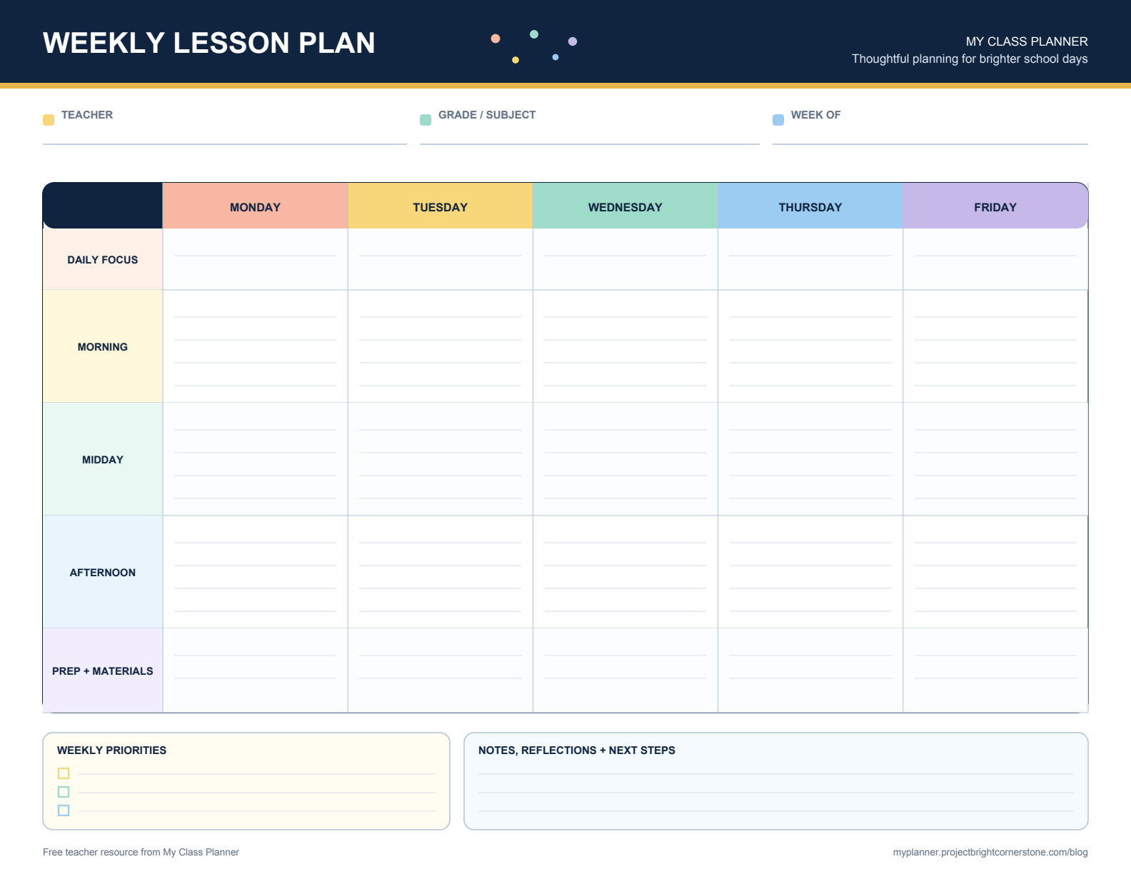 Preview of the colorful printable weekly lesson plan template