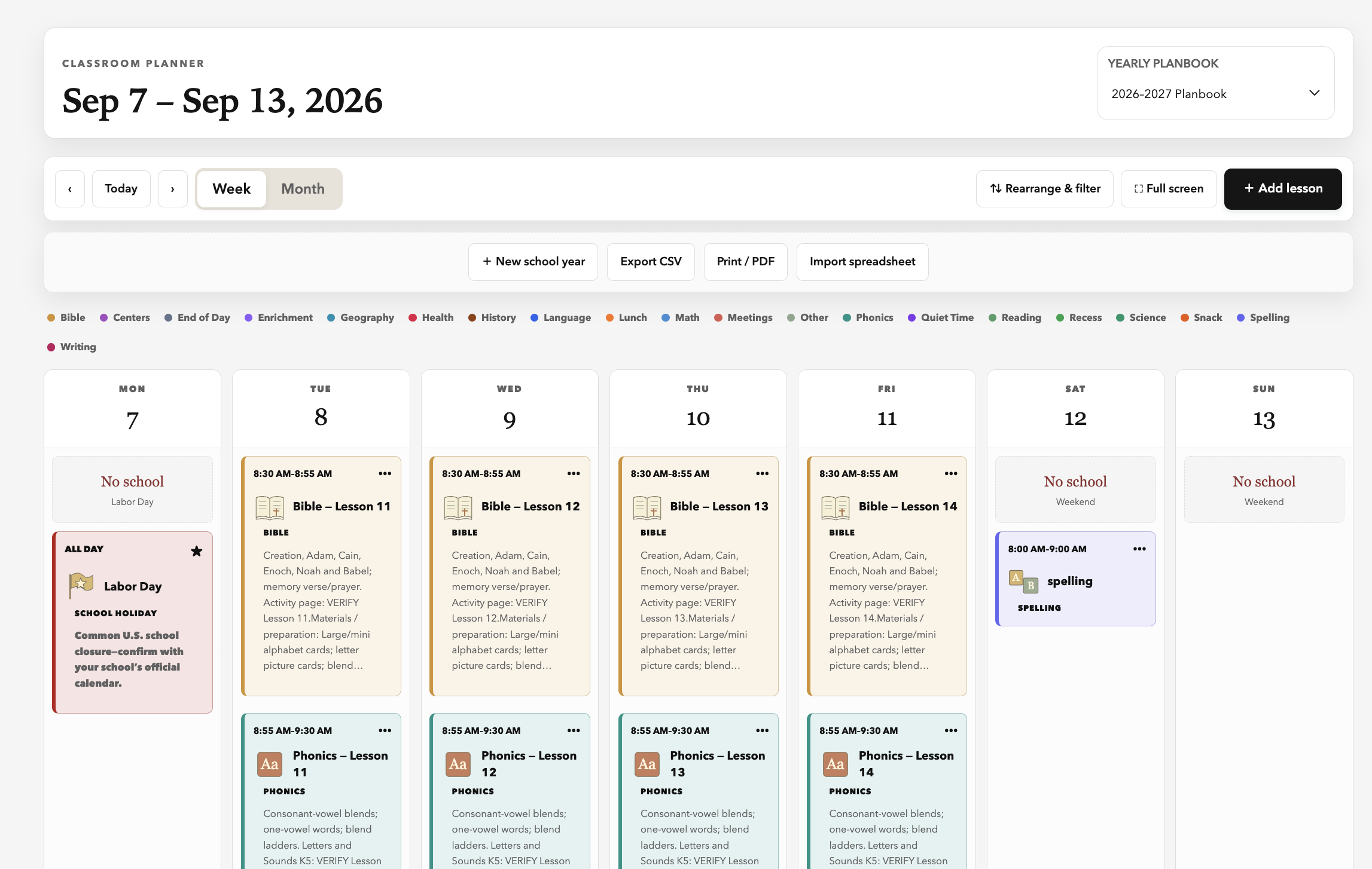 Actual MyClassroom Planner weekly view with color-coded Bible and phonics lessons